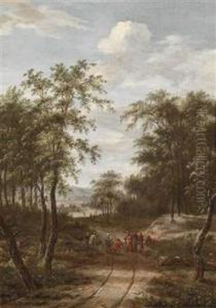 A Wooded Landscape With Christ And Theapostles On Their Way To Emmaus Oil Painting by Dionys Verburgh