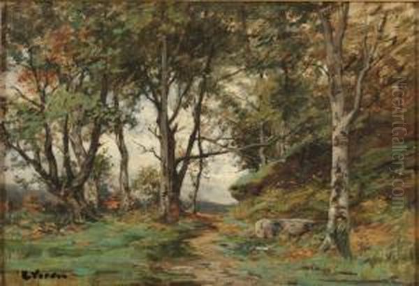 Paysage De Fontainebleau Oil Painting by Raymond Jean Verdun