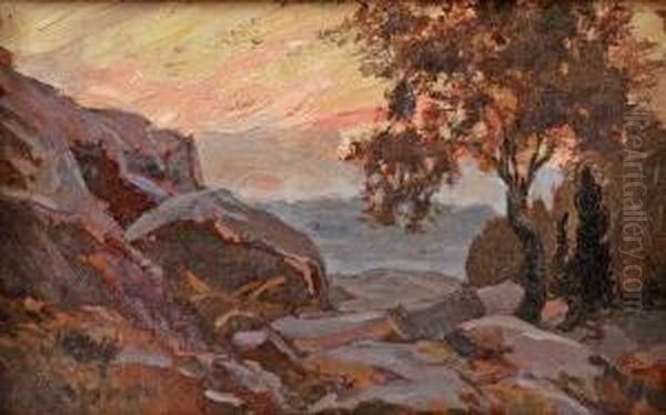 Les Rochers A Fontainebleau Oil Painting by Raymond Jean Verdun