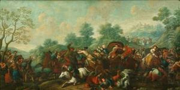 Brigandsattacking A Party Of Travellers, In An Italianate Landscape, A Hilltown In Distance Oil Painting by Peeter Verdussen