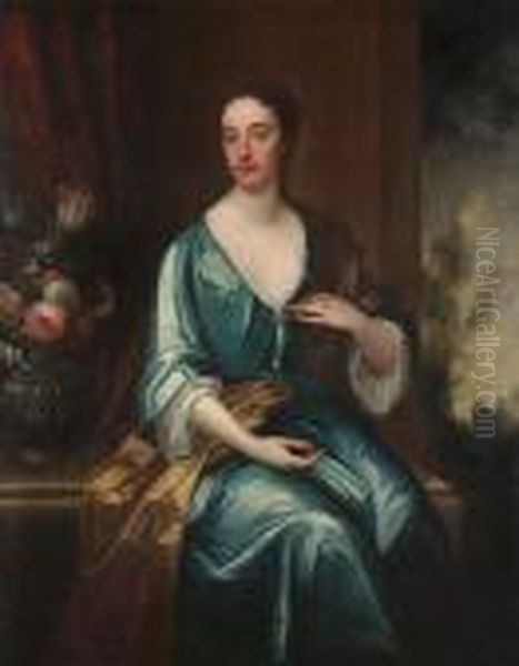 Portrait Of A Lady, Said To Be Baroness Cutts, Three-quarter-length, In A Blue Dress With A Vase Of Flowers On A Draped Table Beside Her Oil Painting by Johannes or Jan Verelst
