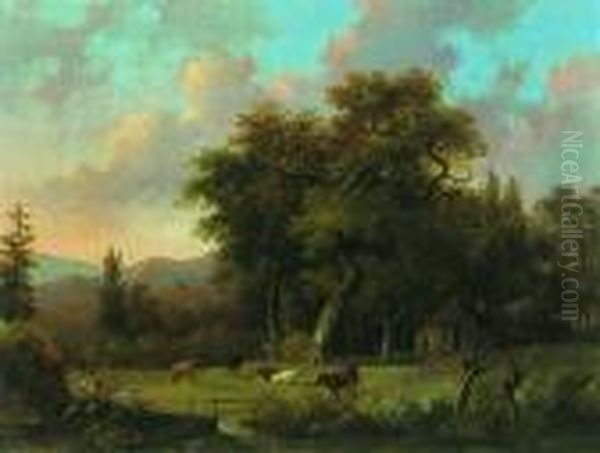 Hirte Mit Schafen Und Kuhen Am Waldbach. Oil Painting by Hendrik Frederik Verheggen