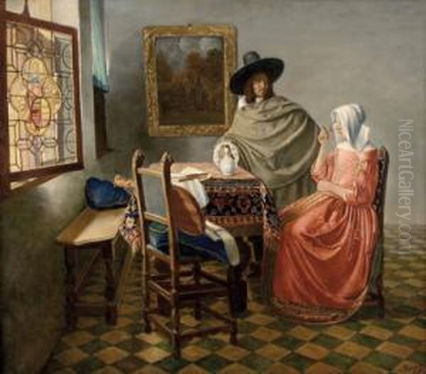 Herr Und Dame Beim Wein Oil Painting by Jan Vermeer Van Delft