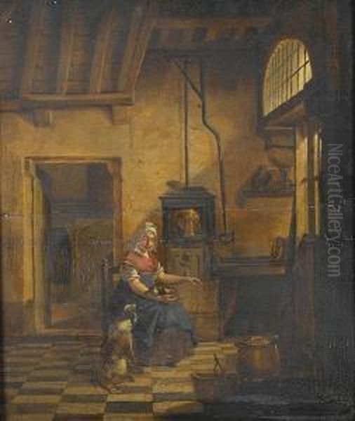 An Interior With A Young Woman Warming Herself Beside A Stove With A Dog On Her Lap And Another At Her Feet Oil Painting by Jan Vermeer Van Delft