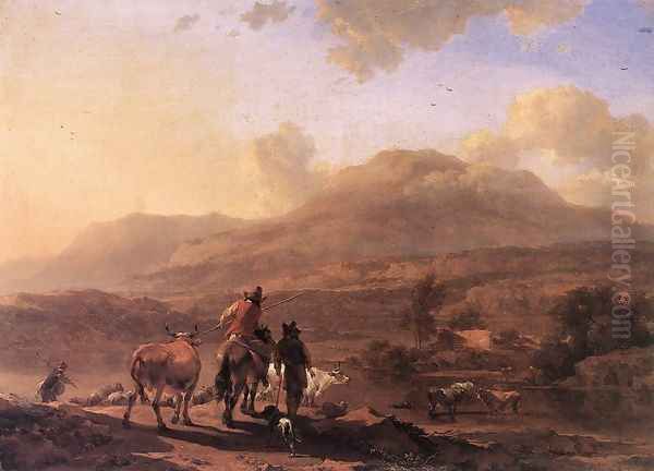 Italian Landscape at Sunset, 1670-72 Oil Painting by Nicolaes Berchem