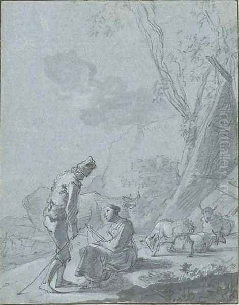 A young shepherd and shepherdess in a landscape with a flock Oil Painting by Nicolaes Berchem