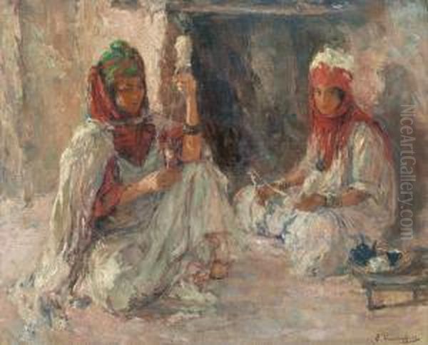 Les Fileuses Oil Painting by Edouard Verschaffelt