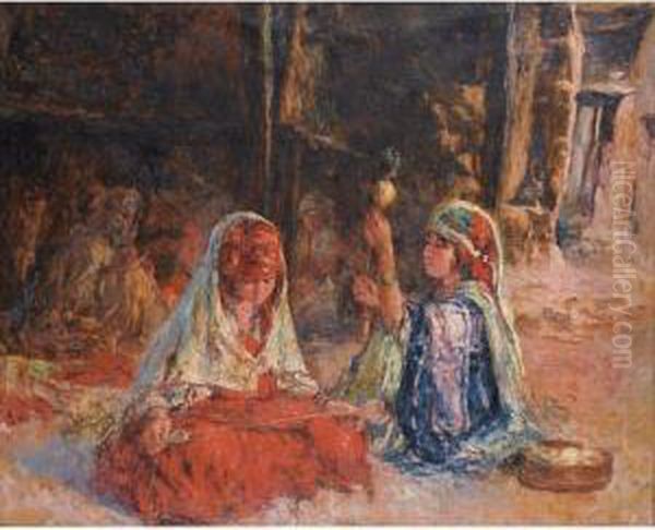 Les Fileuses Oil Painting by Edouard Verschaffelt