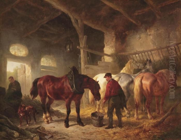 A Grey Horse And A Springer Spaniel In A Stable Interior Oil Painting by Wouterus Verschuur