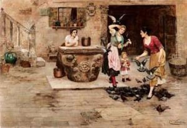 Nel Cortile Con I Piccioni Oil Painting by Cesare Vianello