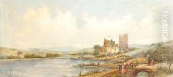 Figures Crossing A Bridge In A River Landscape Oil Painting by Alfred Vickers