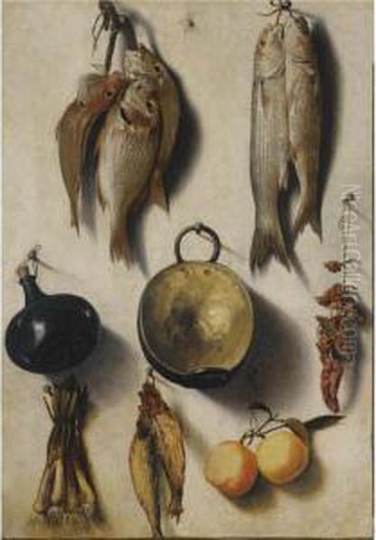Fish, Chillies, Spring Onions, Oranges, A Flask And A Cookery Pot, All Hanging From A Wall Oil Painting by Vicente Victoria or Vitoria