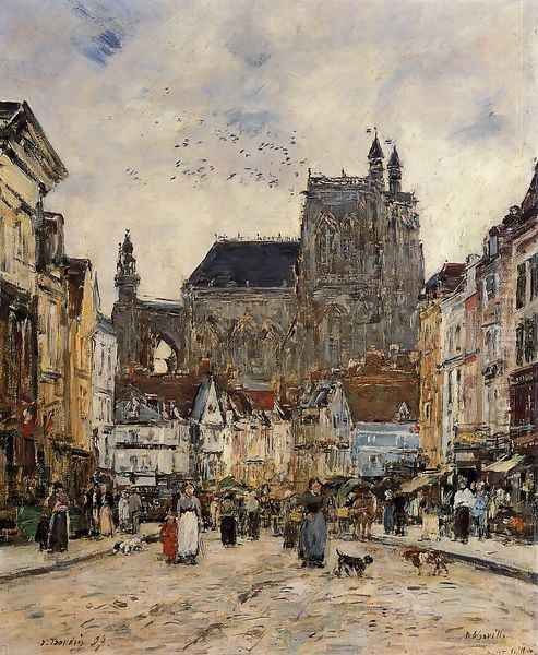 Abbeville, Street and the Church of Saint-Vulfran Oil Painting by Eugene Boudin