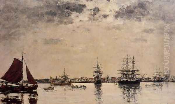 Anvers, boats on the River Scheldt I Oil Painting by Eugene Boudin