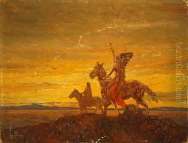 Indians On Horseback At Sunset Oil Painting by Hernando Gonzallo Villa