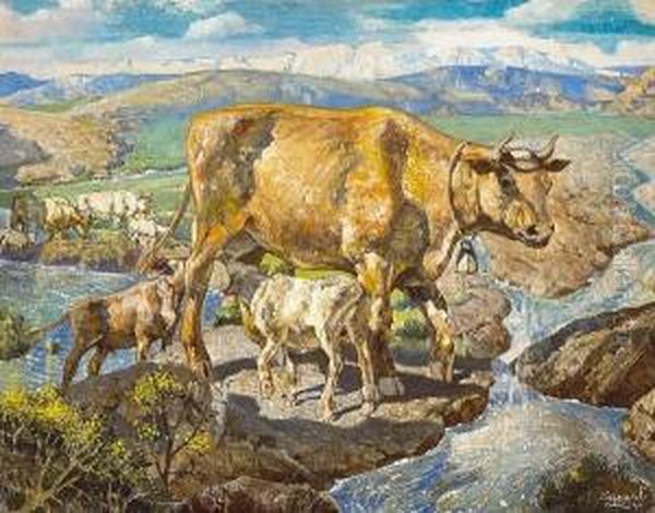 Cattle Watering Oil Painting by Hernando Gonzallo Villa