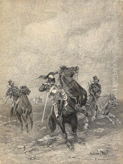 Two Cossacks Capturing A French Cavalryman Oil Painting by Bogdan Pavlovich Villevalde