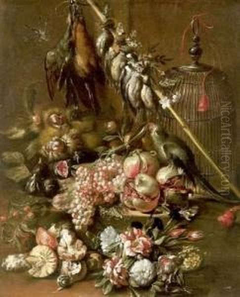 Nature Morte Aux Fleurs, Fruits Et Trophee De Chasse Oil Painting by Giuseppe Vincenzino
