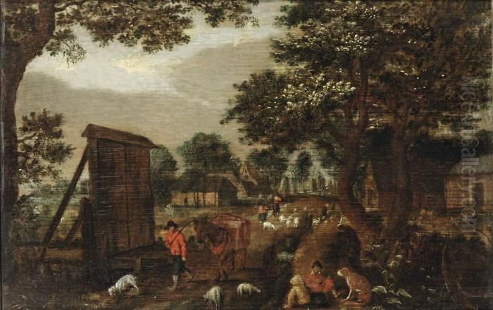 A Village View With A Muleteer And Shepherds On A Track Oil Painting by David Vinckboons I