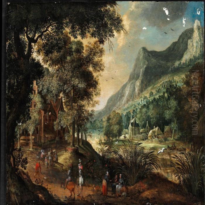 Landscape With Figures Near A River Oil Painting by David Vinckboons I