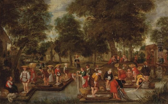 Washerwomen On The Outskirts Of A Village Oil Painting by David Vinckboons I