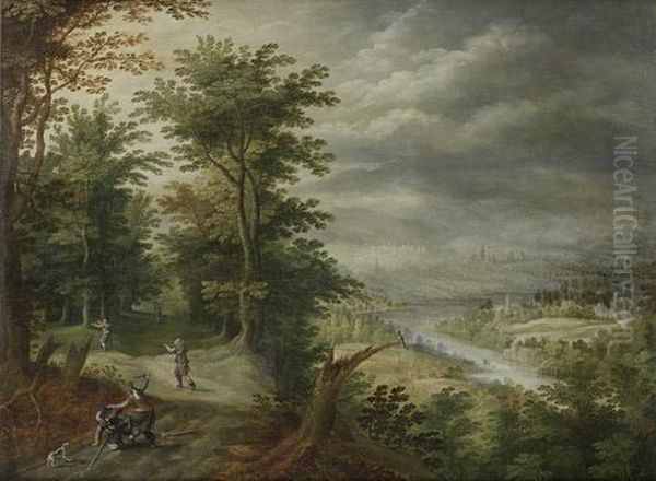 Bandits Attacking Travellers In A Wood, An Open River Landscape In The Distance Oil Painting by David Vinckboons I