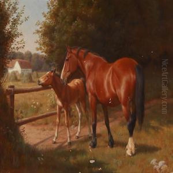 A Mare With Her Foal In The Sun Oil Painting by Ejnar Vindfelt