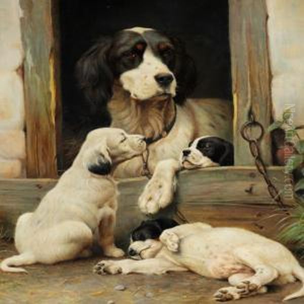 Cocker Spaniel With Three Puppies Oil Painting by Ejnar Vindfelt