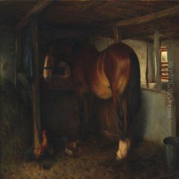 Interior From A Stable With Horse And Fowls Oil Painting by Ejnar Vindfelt