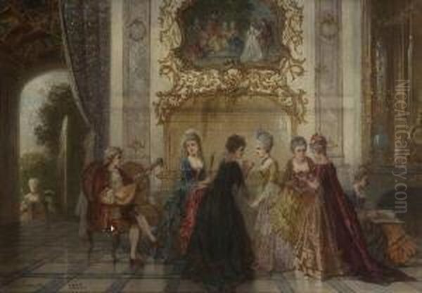 Elegante Gesellschaft Im Rokokosalon. Oil Painting by August Vischer