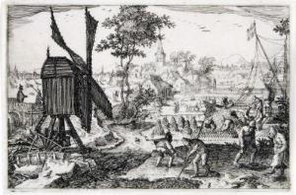 Das Torfstechen (dorflandschaft Mit Windmuhle UndTorfstechern) Oil Painting by Claes Jansz Ii Visscher