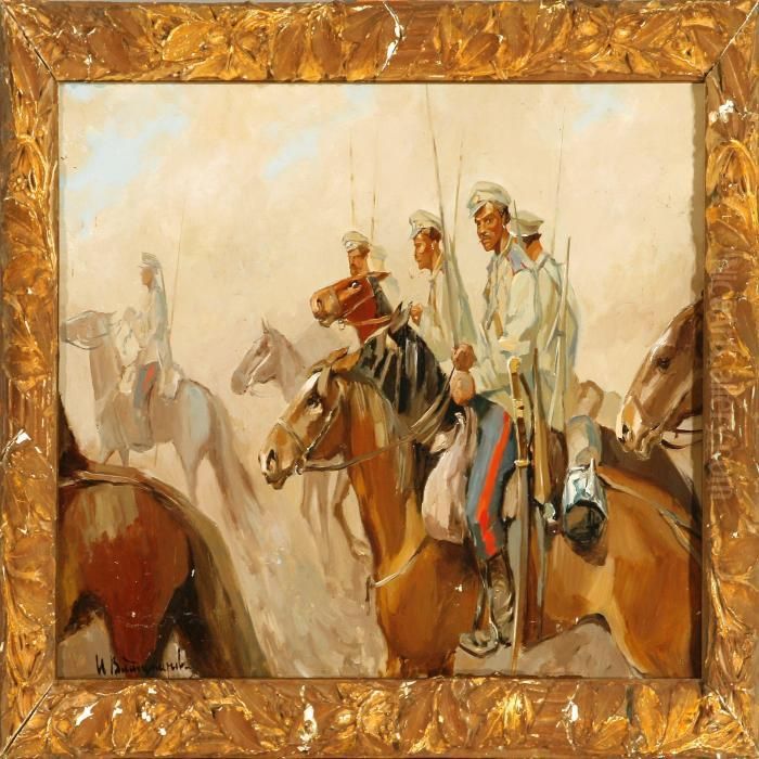 Russian Cavalry With Officers On March Oil Painting by Ivan Alexeievitch Vladimirov