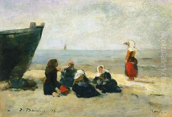 Berck, Fisherwomen Looking for the Return of the Boats Oil Painting by Eugene Boudin