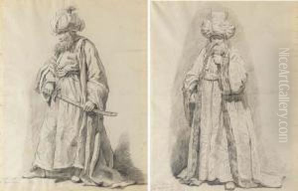 Le Bacha A Trois Queues: Un Guerrier Turc Barbu Tenant Un Sabre,tourne Vers La Gauche; Et L'himan De La Grande Mosquee: Un Turcportant Un Turban Orne D'un Croissant De Lune Oil Painting by Guillaume Voiriot