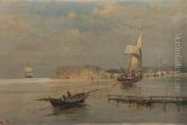 Boats In A Port Oil Painting by Constantinos Volanakis
