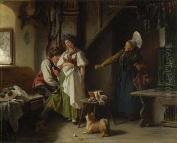 Das Uberraschte Liebespaar. Oil Painting by Ludwig Vollmar