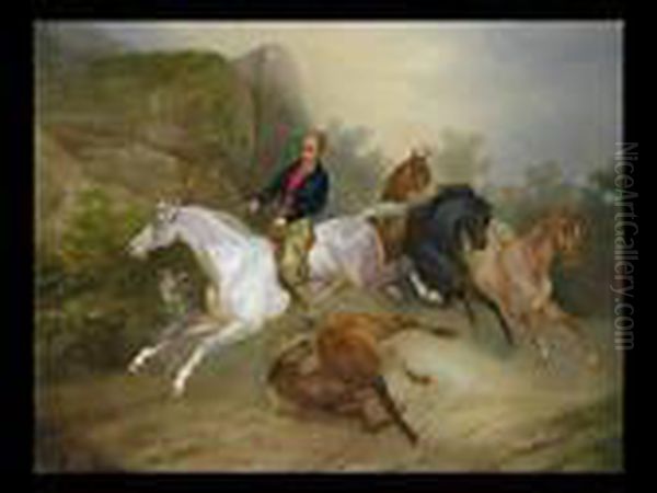 Die Aufgeschreckte Pferdegruppe Oil Painting by Joseph Simon Volmar