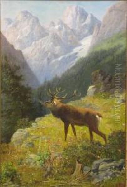 Rohrender Hirsch Im Hochgebirge Oil Painting by Ludwig Gustav Voltz