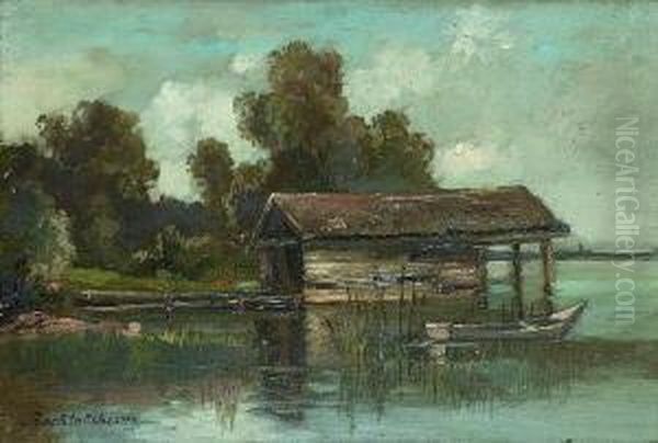 Schiffshutte Am Starnberger See. Oil Painting by Gustav Freiherr Von Bechtolsheim