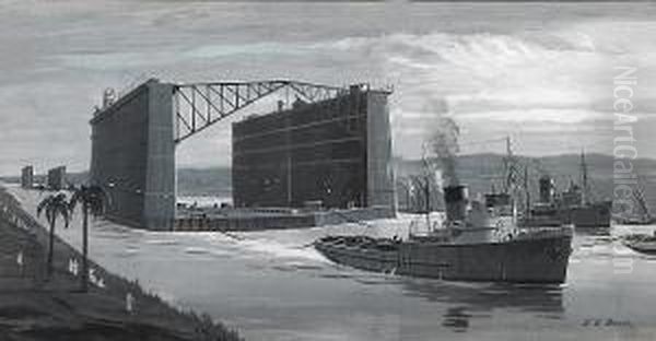 A Giant Floating Dock Passes Through The Suez Canal Oil Painting by Else Von Beck