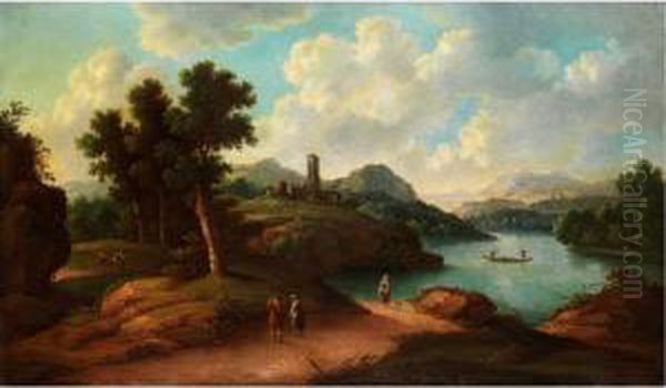 Italienische Landschaft Mit Tieferliegendem See, Felsigen Ufern Und Gebauden Mit Campanile Oil Painting by Johann Christoph Von Bemmel