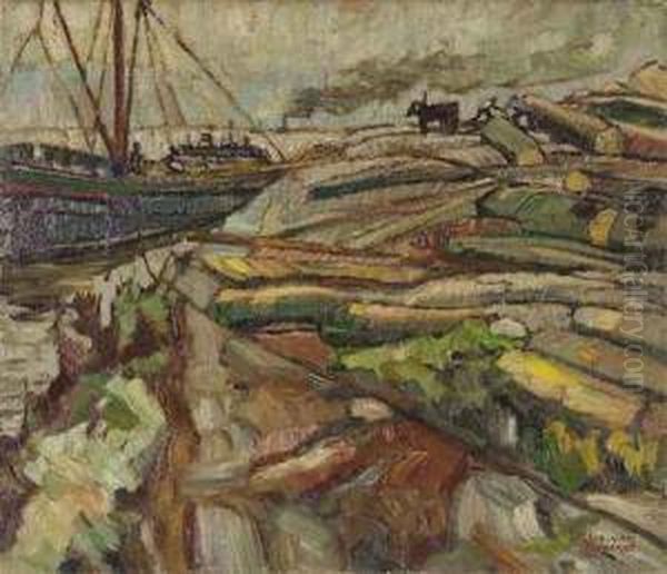 Holzverladeplatz Am Rhein Oil Painting by Joseph Von Brackel