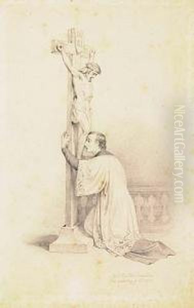 An Acolyte In Prayer At The Base Of A Crucifix<</b&gt Oil Painting by Melchior Paul Von Deschwanden