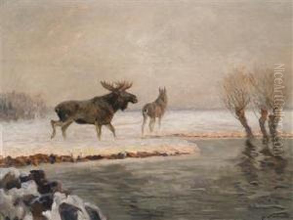 Elk In The Evening Light Oil Painting by Carl Ritter Von Dombrowski
