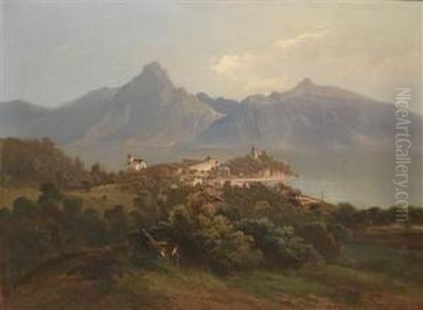 View Of Traunkirchen Oil Painting by Baron Theodor Frieherr Von Ehrmanns