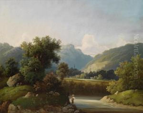 Angler By A Stream Oil Painting by Baron Theodor Frieherr Von Ehrmanns