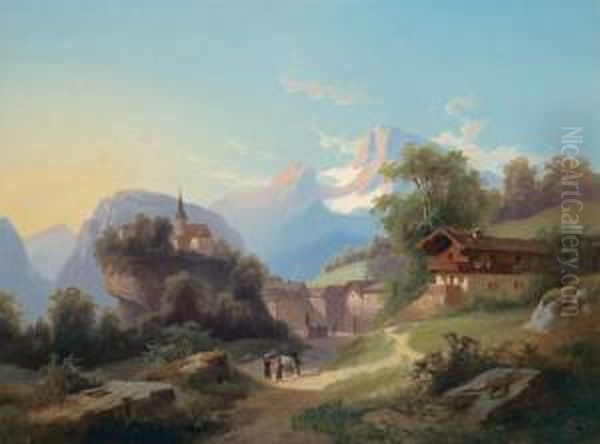 Ted Mountain Village With A Church On A Stoney Clift Oil Painting by Baron Theodor Frieherr Von Ehrmanns