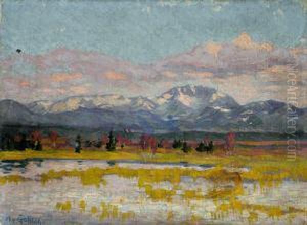 Die Benediktenwand Mit Ostersee Oil Painting by Margarethe Von Gaffron