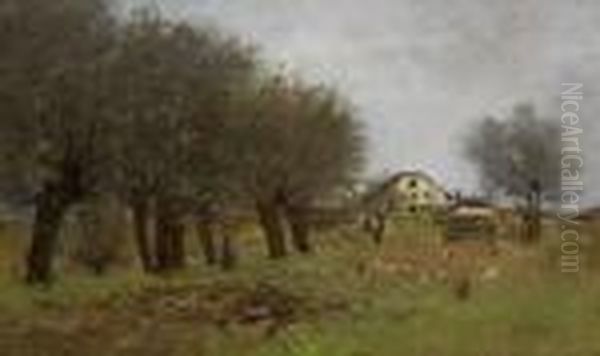 Spatsommerliche Baumlandschaft Mit Bauernhaus. Oil Painting by Josua Von Gietl