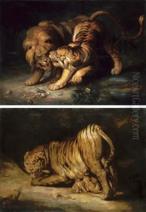 A Lion And Tiger In A Cave; A Tigress Protecting Her Cubs From A Snake Oil Painting by George Hamilton Hammon